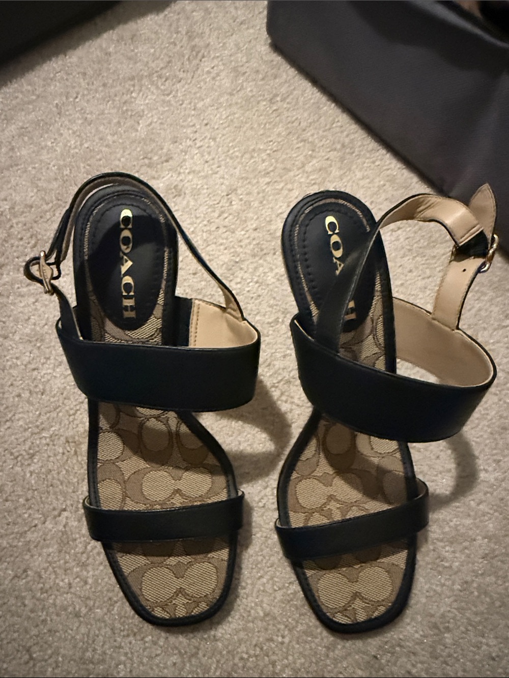 COACH Black Leather Strap Sandals with Signature Monogram Footbed